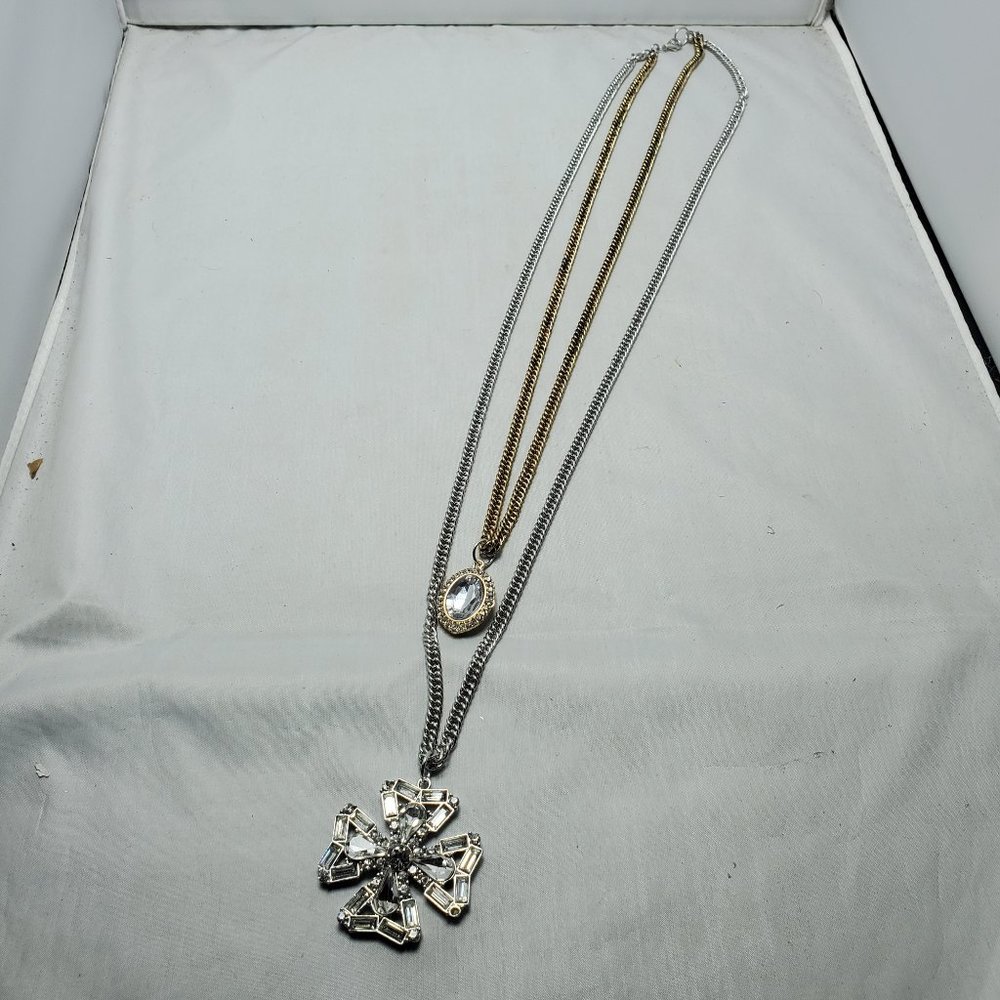 Bijou Drive 2 tone chain with rhinestone cross & oval stone necklace gold silver